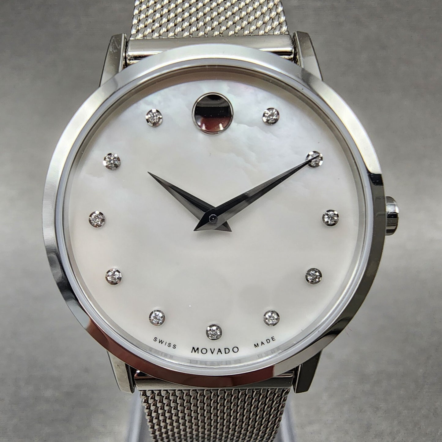 Movado Museum Watch Women 28mm MOP Dial Stainless Steel Diamond Markers New Bat3