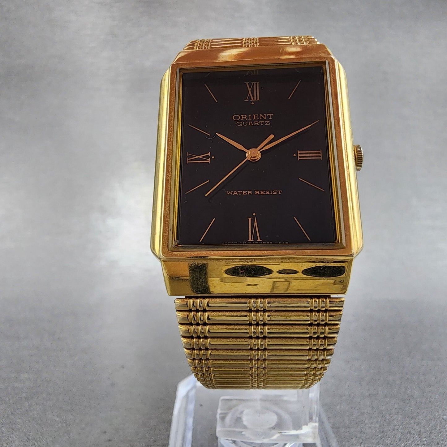 Orient Tank Watch Men 26mm Black Dial Gold Tone Rectangle New Battery VTG5