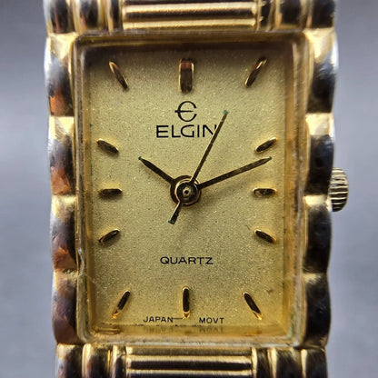 Elgin Tank Watch Women 16mm Gold Dial Gold Tone Rectangle New Battery EM898-0171