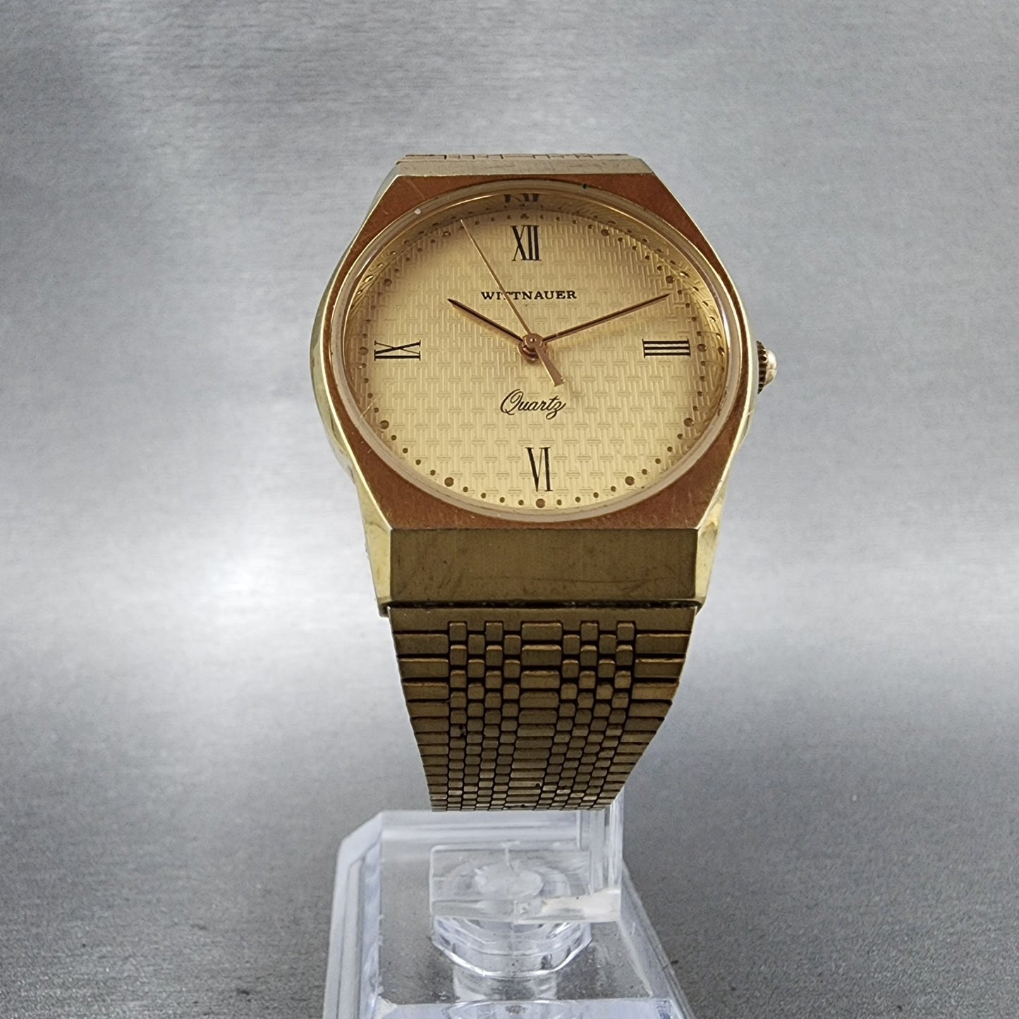 Wittnauer Watch Men 32mm Gold Dial Gold Tone Round Bracelet New Battery6
