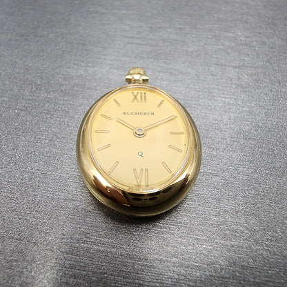 Bucherer Q Pendant Watch Women 20mm Gold Dial Gold Tone Oval New Battery1