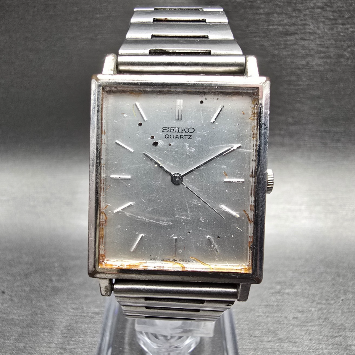 Seiko Tank Watch Men 24mm Silver Dial Silver Tone Rectangle 2C21-5180 New Batt0