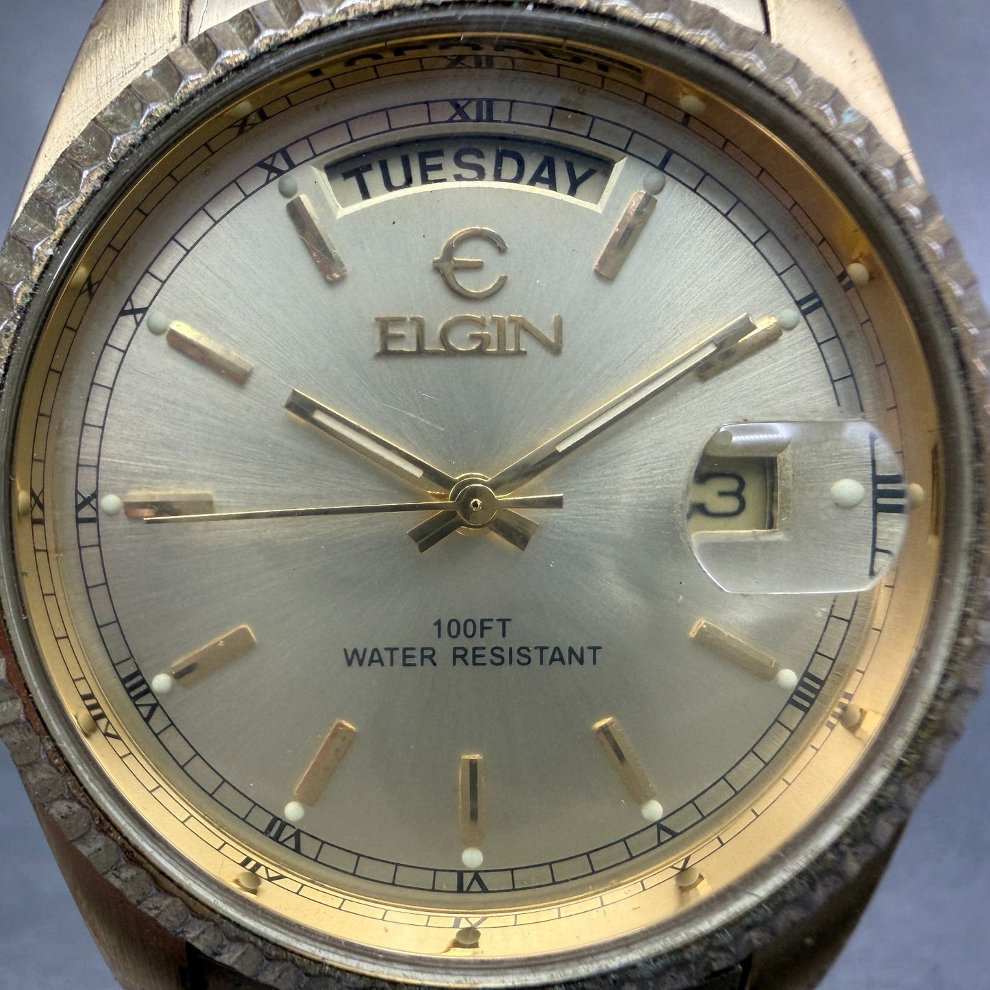 Elgin President Watch Men 38mm Gold Dial Gold Tone Daydate Round New Battery ABC1