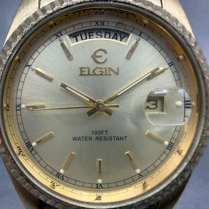 Elgin President Watch Men 38mm Gold Dial Gold Tone Daydate Round New Battery ABC1