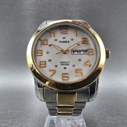 Timex Highland Street Watch Men 39mm Silver Dial Two Tone Daydate Round New Batt5