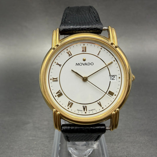 Movado Watch Men 34mm White Dial Gold Tone Date Round 87-A4-888 New Battery0