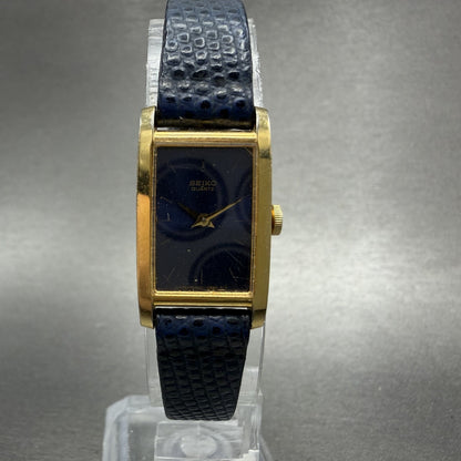 Seiko Tank Watch Women 15mm Blue Dial Gold Tone Rectangle 4N005369 New Battery0