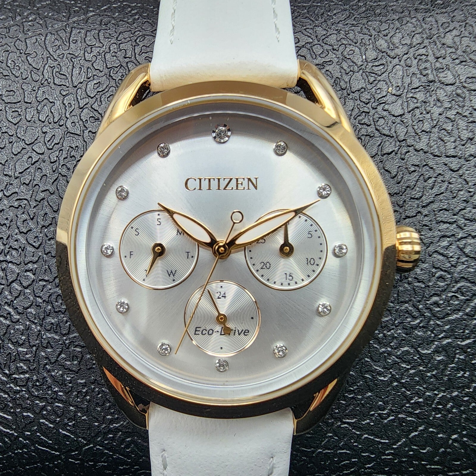 Citizen EcoDrive Watch Women 38mm Silver Dial Rose Gold Tone Daydate Round Runs1