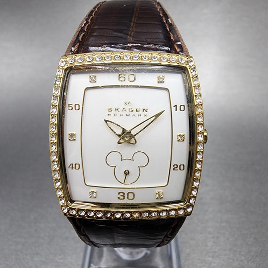 Skagen Mickey Mouse Watch Women 27mm White Dial Gold Tone Rectangle New Battery