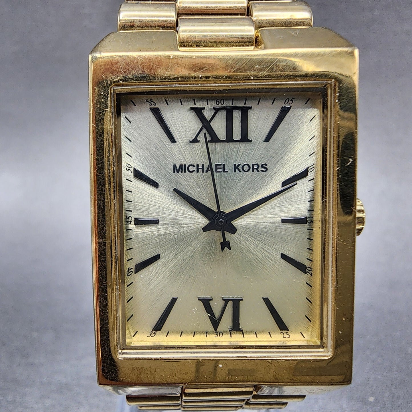 Michael Kors Nash Watch Women 27mm Champagne Dial Gold Tone Rectangle New Batt1