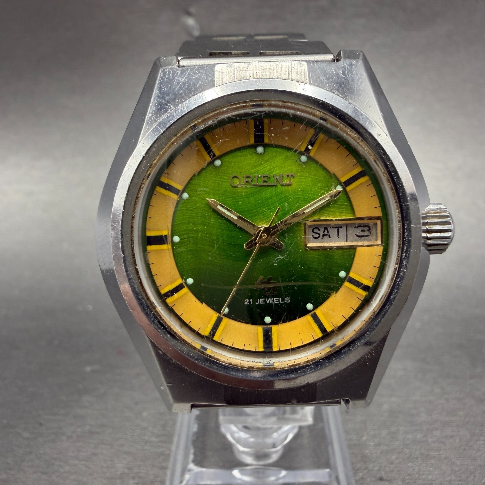 Orient Hi Ace Watch Men 38mm Green Dial Steel Daydate Round Automatic Runs VTG0