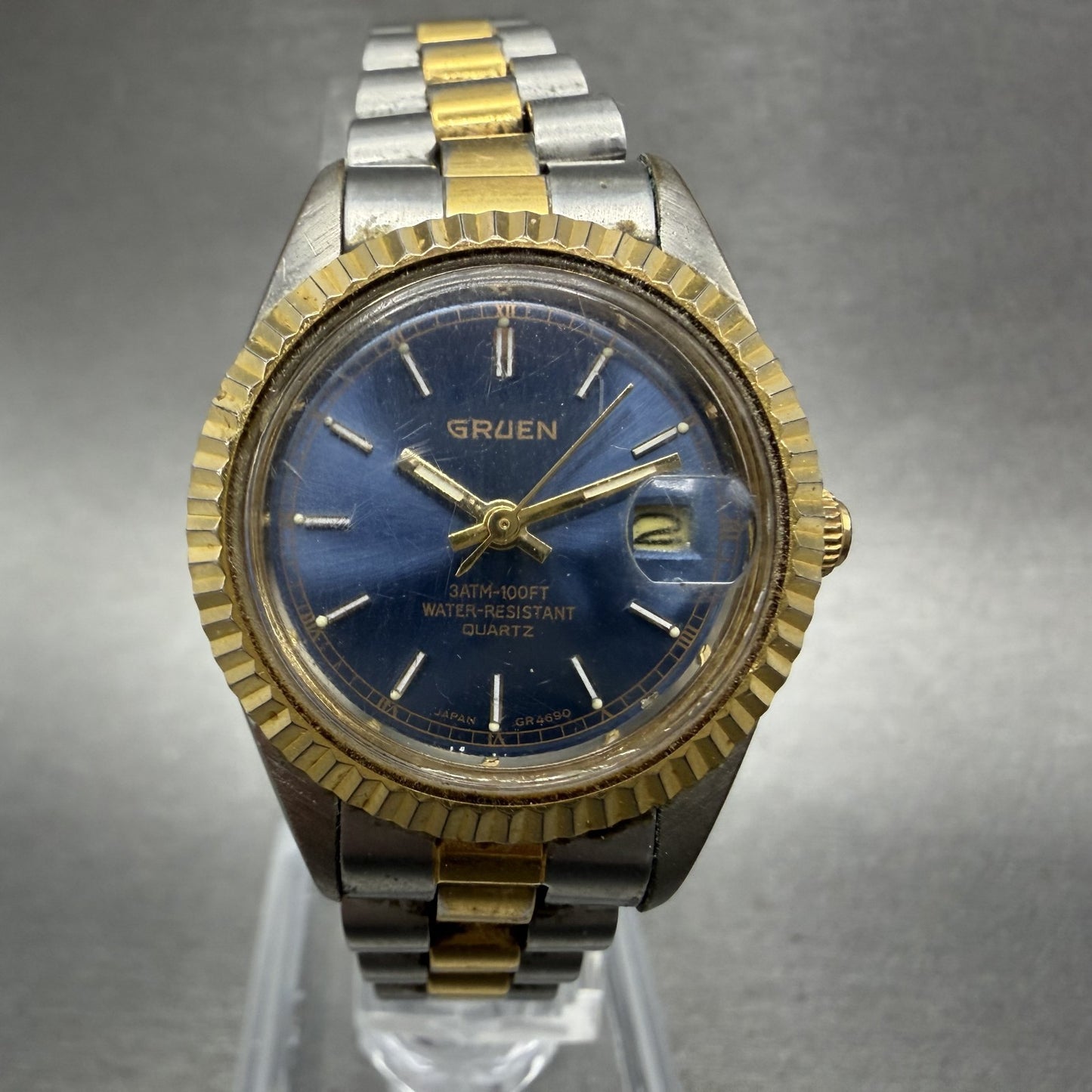 Gruen Watch Women 26mm Blue Dial Two Tone Date Round New Battery0