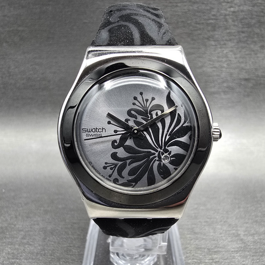 Swatch Irony Black Flower Watch Women 33mm Silver Dial Steel YLS146 New Battery0