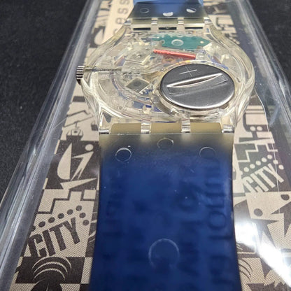 Swatch Access Lucky 7 Watch Men 34mm Blue Dial Clear Case SKZ116 New Battery NOS14