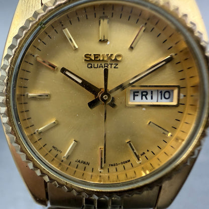 Seiko Watch Women 25mm Gold Dial Gold Tone Daydate Round 7N83-0041 New Battery S1