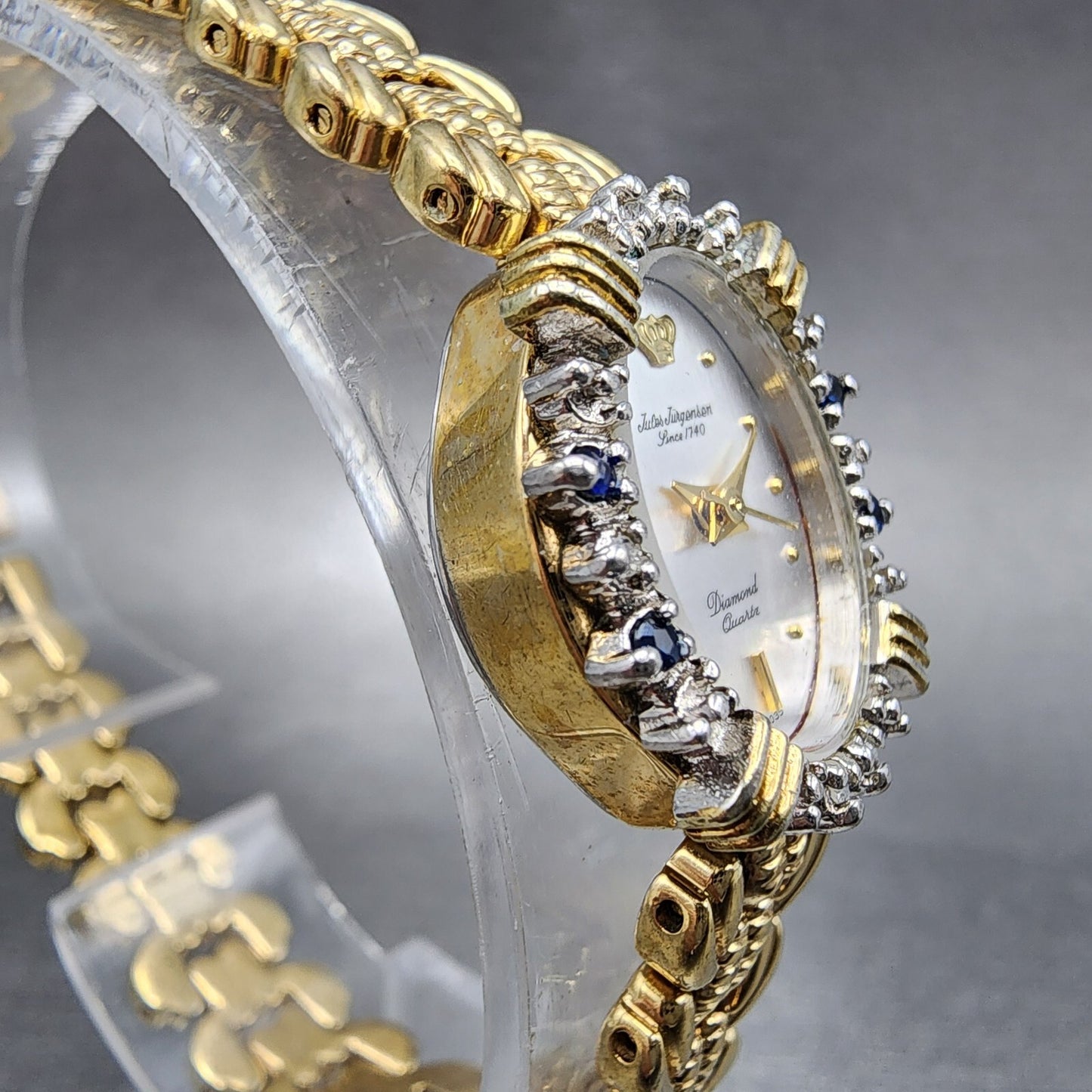 Jules Jurgenson Watch Women 17mm Silver Dial Gold Tone Diamond Bezel New Battery3