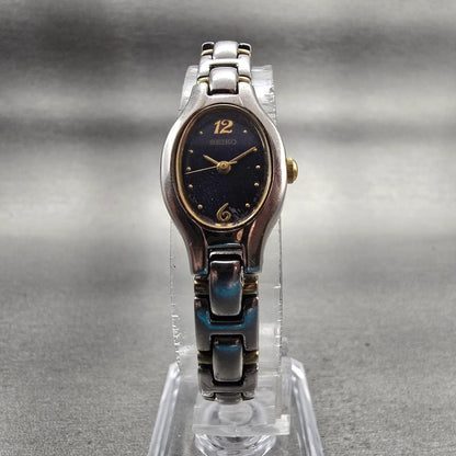 Seiko Watch Women 16mm Blue Dial Silver Tone Oval 1N01-0CT0 New Battery VintageL5