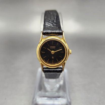 VTG Citizen CQ Watch Women 21mm Black Dial Gold Tone Round 3220-914864 New Batt