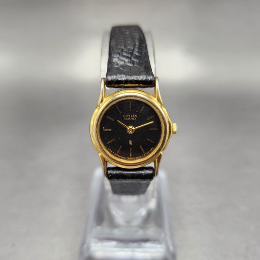 VTG Citizen CQ Watch Women 21mm Black Dial Gold Tone Round 3220-914864 New Batt