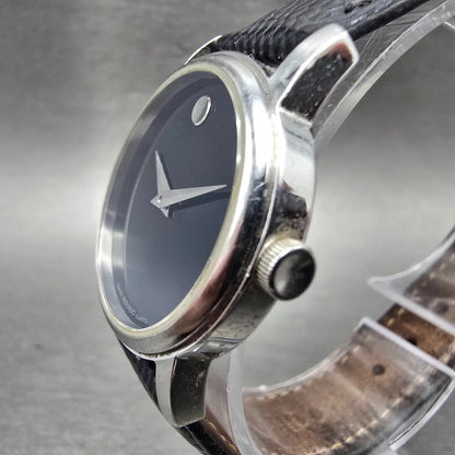 Movado Museum Watch Men 39mm Black Dial Steel Round Leather 2100002 New BatteryJ2