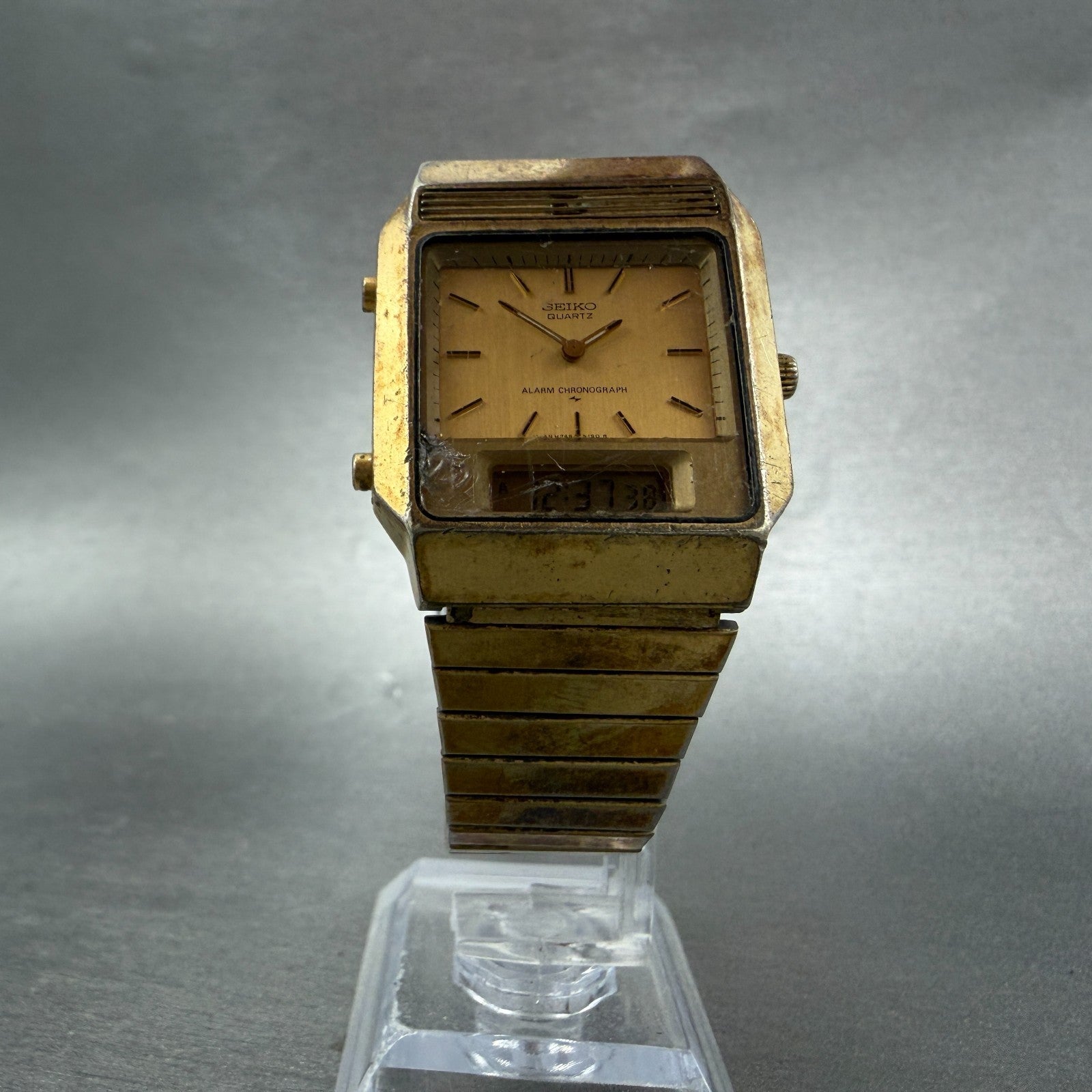 Seiko Analog Digital Watch Men 29mm Alarm Chrono Gold Tone H249-5149 PARTS6
