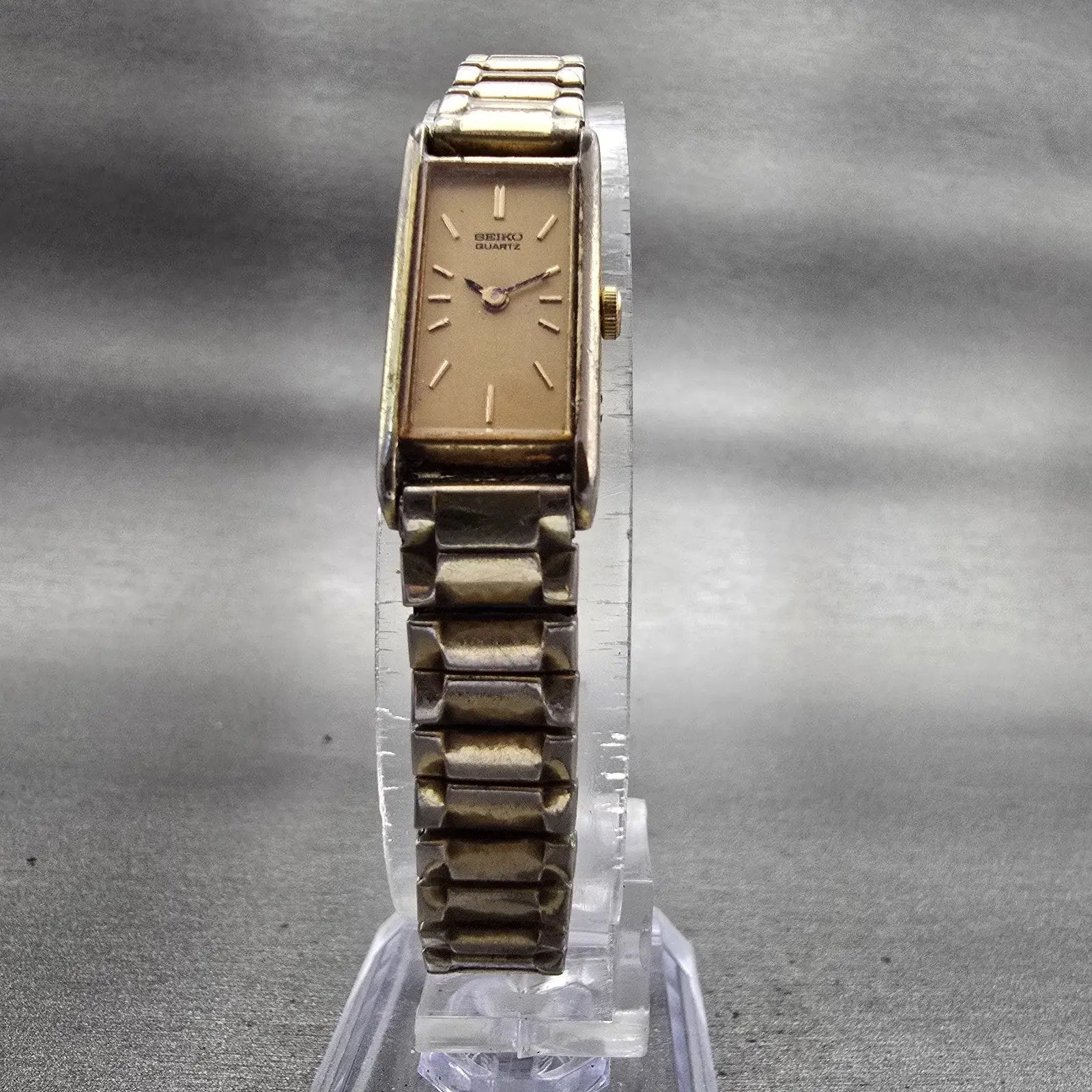 Seiko Watch Women 12mm Gold Dial Gold Tone Rectangle 2E20-5239 New Battery VTG5