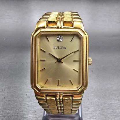 Bulova Watch Men 27mm Champagne Dial Gold Tone Rectangle New Battery Vintage0