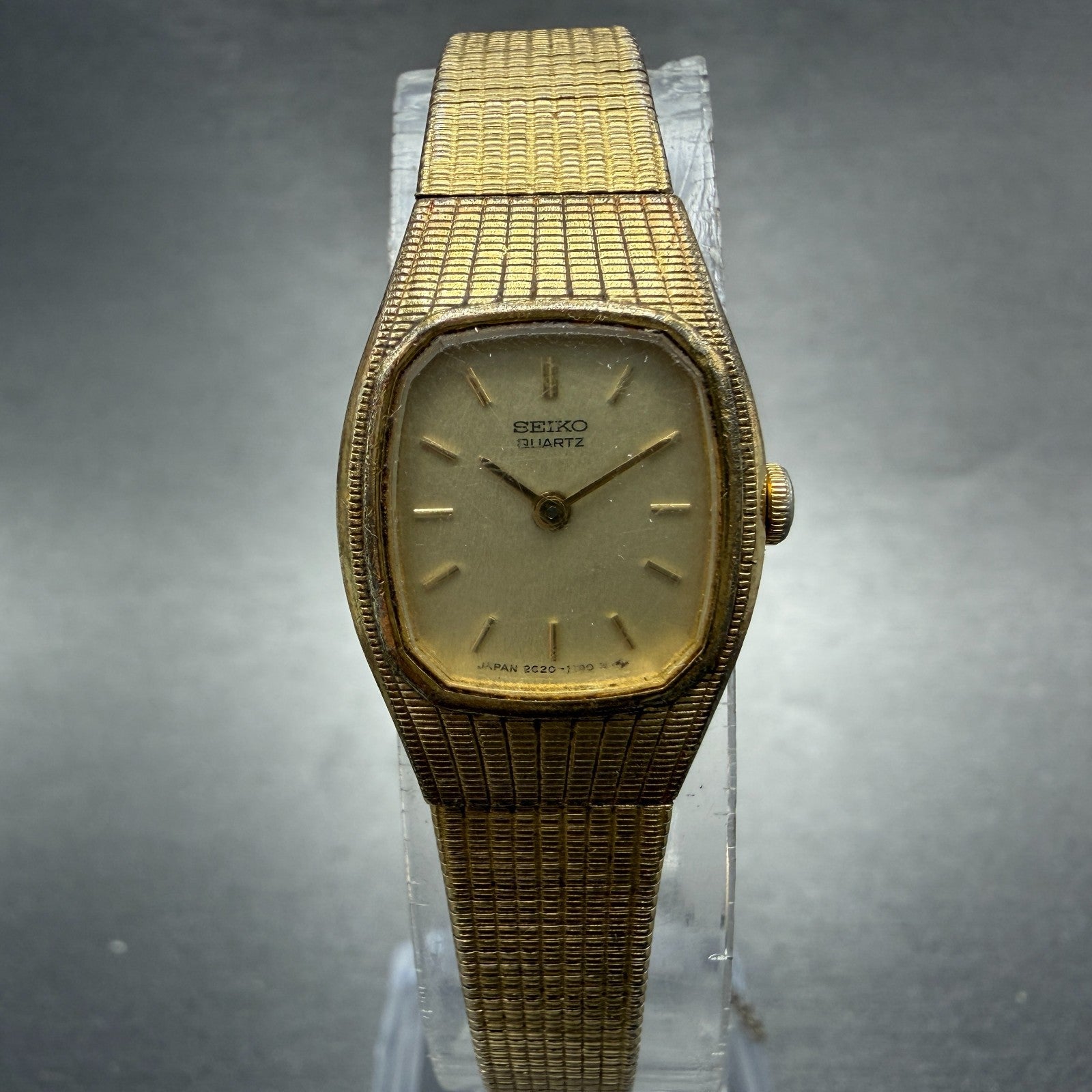 Seiko Watch Women 16mm Champagne Dial Gold Tone Rectangle 2C20-5560 New Battery0
