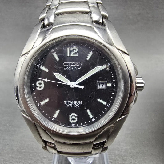 Citizen Eco-Drive Watch Men 41mm Black Dial Titanium Date E111-K006368 Runs DFSF0