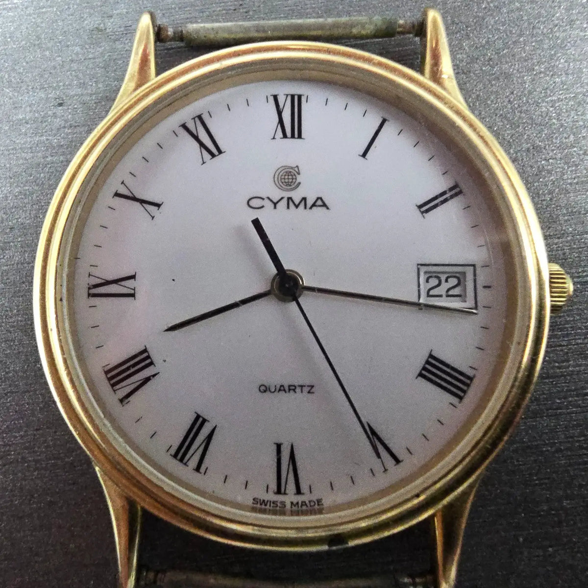 Cyma Watch Men 33mm White Dial Gold Tone Date Round Swiss Vintage PARTS2