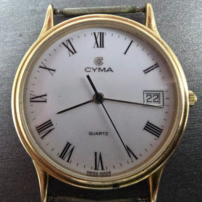Cyma Watch Men 33mm White Dial Gold Tone Date Round Swiss Vintage PARTS2