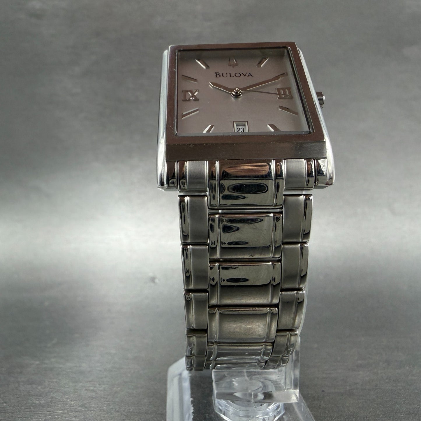 Bulova Tank Watch Men 29mm Silver Dial Silver Tone Date Rectangle 96B108 New Bat5