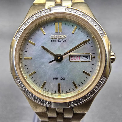 Citizen Eco-Drive Watch Women 27mm MOP Dial Gold Tone Gammed E001-S044315 Works1