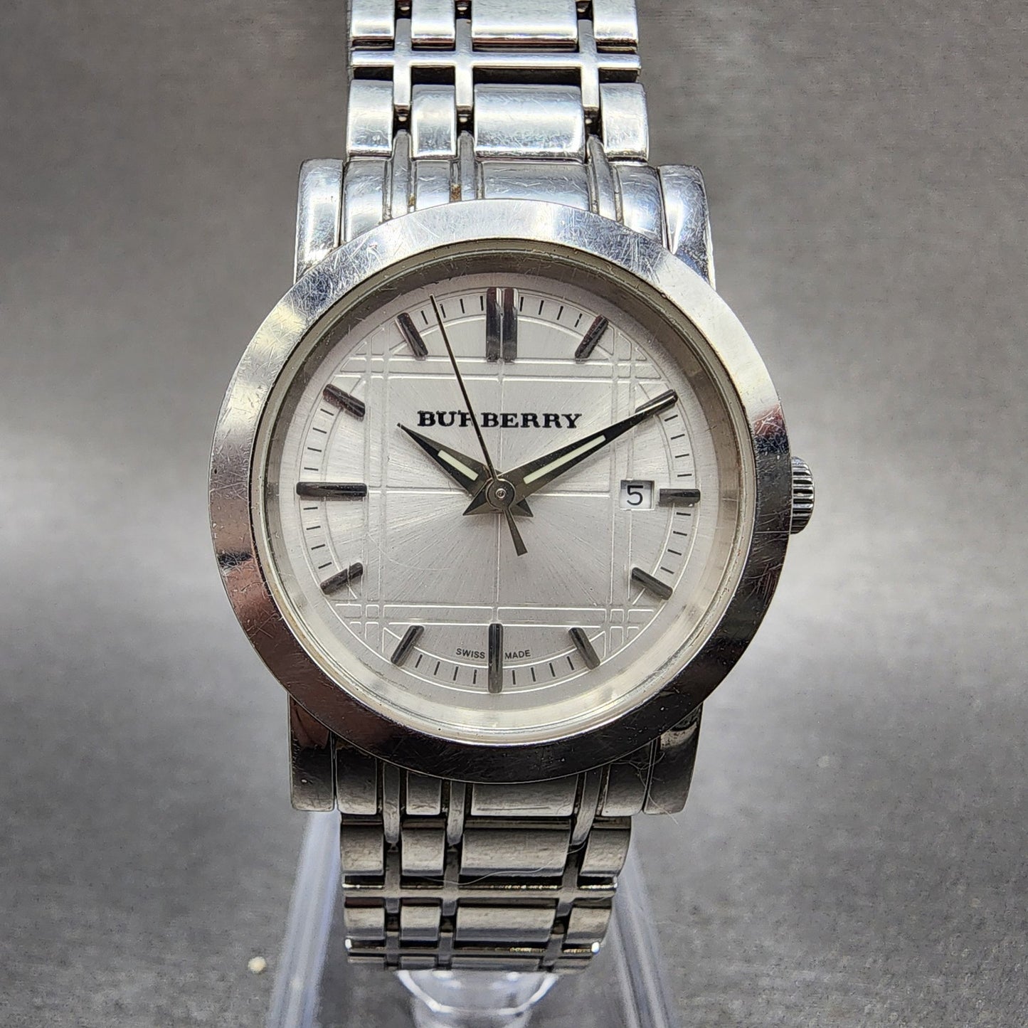 Burberry Watch Women 28mm Silver Dial Silver Tone Date Round Bu1351 PARTS0
