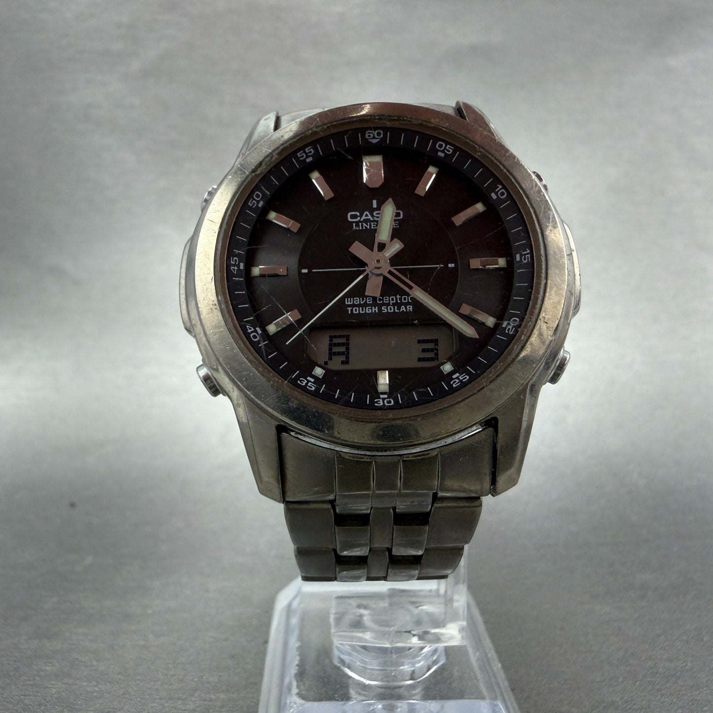 Casio Lineage Watch Men 41mm Gray Dial Titanium Ana Digi Alarm Chrono Works AVS5