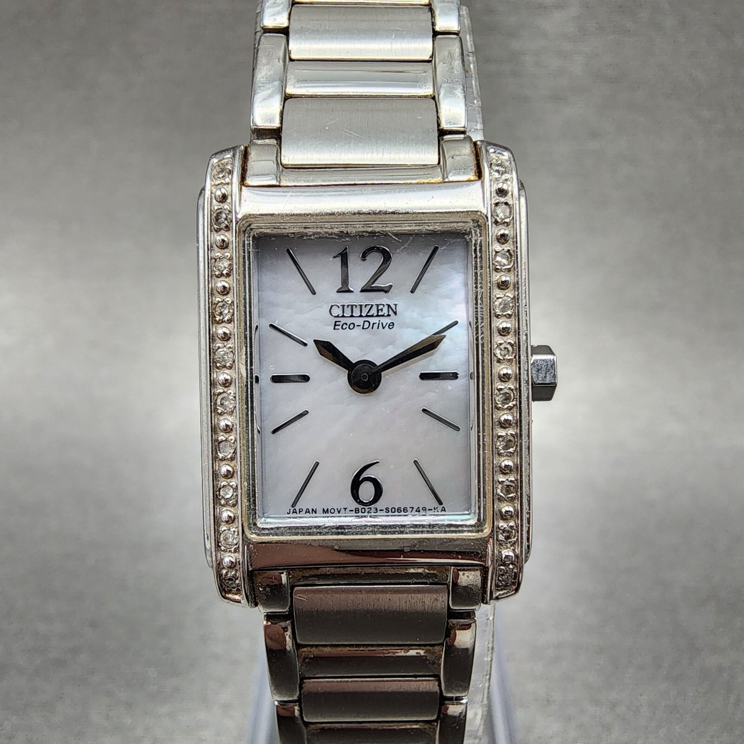 Citizen EcoDrive Tank Watch Women 19mm MOP Dial Silver Tone Diamond Bezel Runs0