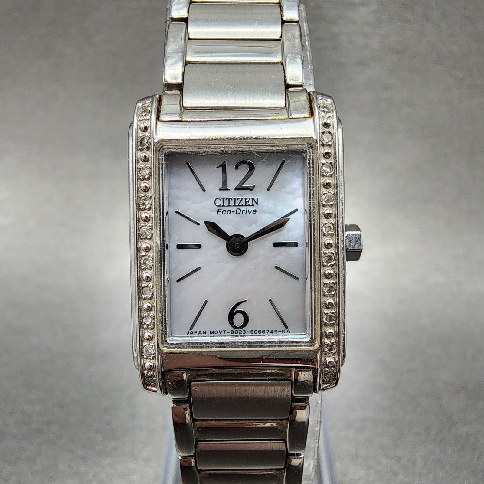 Citizen EcoDrive Tank Watch Women 19mm MOP Dial Silver Tone Diamond Bezel Runs0