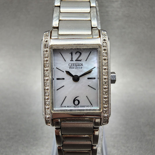 Citizen EcoDrive Tank Watch Women 19mm MOP Dial Silver Tone Diamond Bezel Runs0