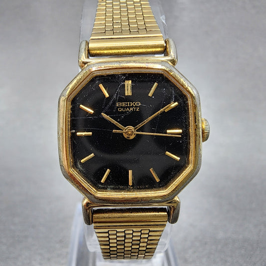 Seiko Watch Women 20mm Black Dial Gold Tone Octagon 2C215170 New Battery VTG0