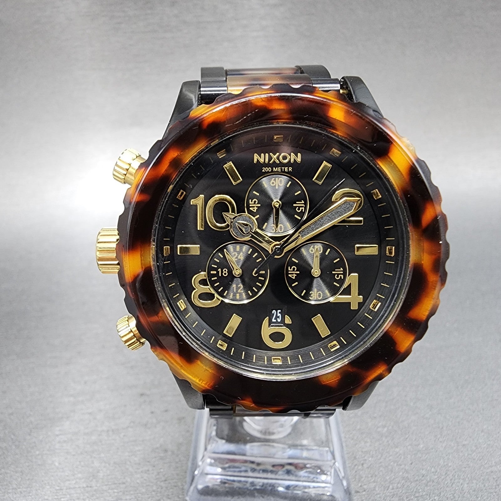 Nixon 4220 Chrono Watch Women 42mm Black Dial Black Tortoise Date New Battery1
