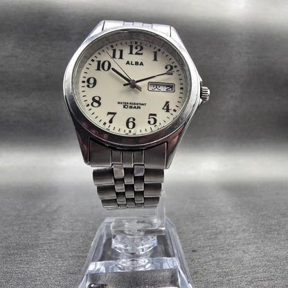 Seiko Alba Watch Men 36mm Luminous Dial Silver Tone Daydate 7N33-K002 New Batt L5