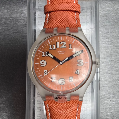 Swatch Squeezed Pumpkin Watch Men 44mm Orange Dial Clear Case SUDK102 New Batt0