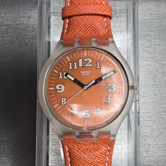 Swatch Squeezed Pumpkin Watch Men 44mm Orange Dial Clear Case SUDK102 New Batt0