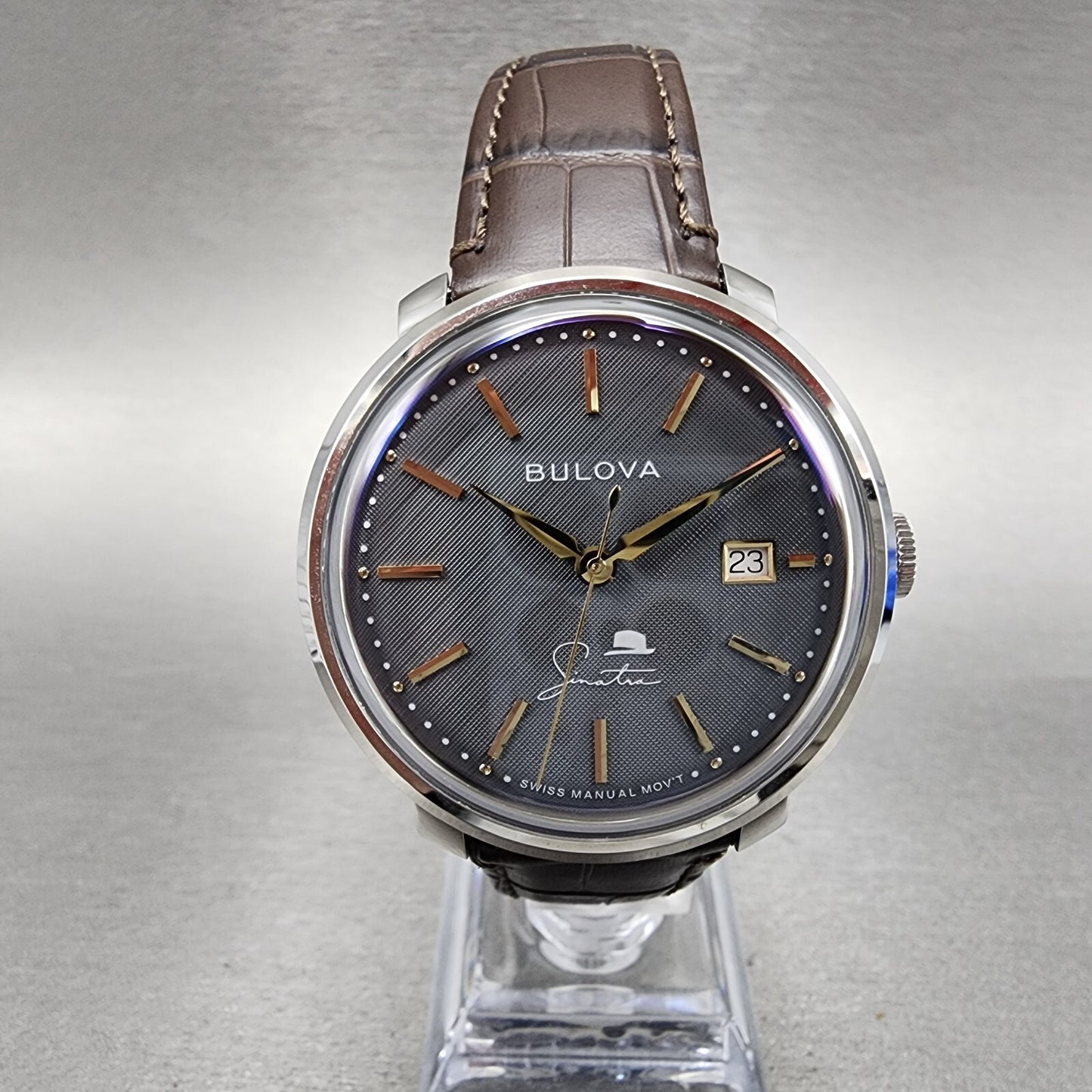 Bulova Frank Sinatra Watch Men 40mm Gray Dial Silver Tone Date Manual Wind0