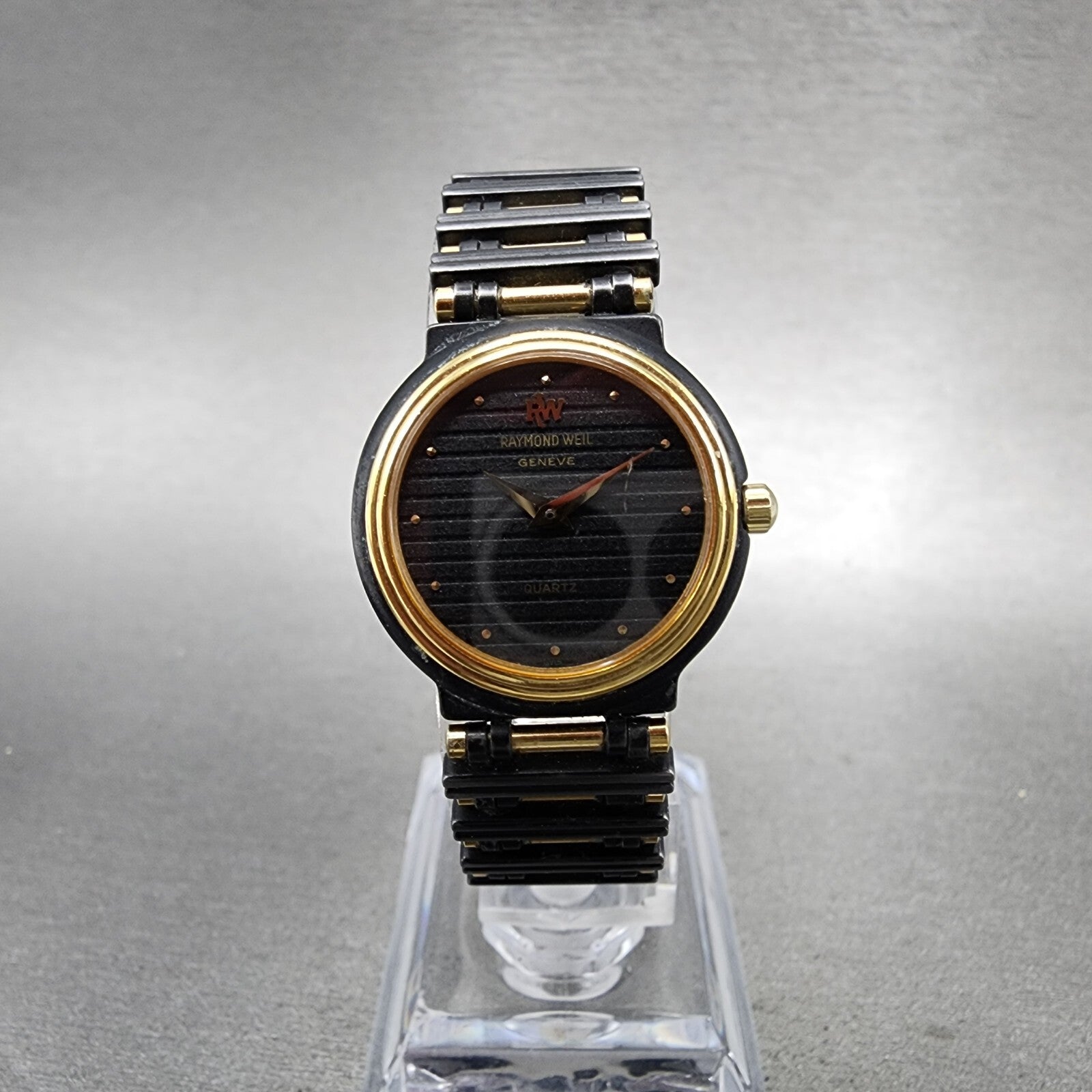 VTG Raymond Weil Watch Women 24mm Black Dial Black Gold Tone Round New Battery0