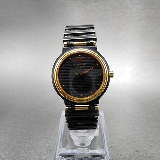 VTG Raymond Weil Watch Women 24mm Black Dial Black Gold Tone Round New Battery0