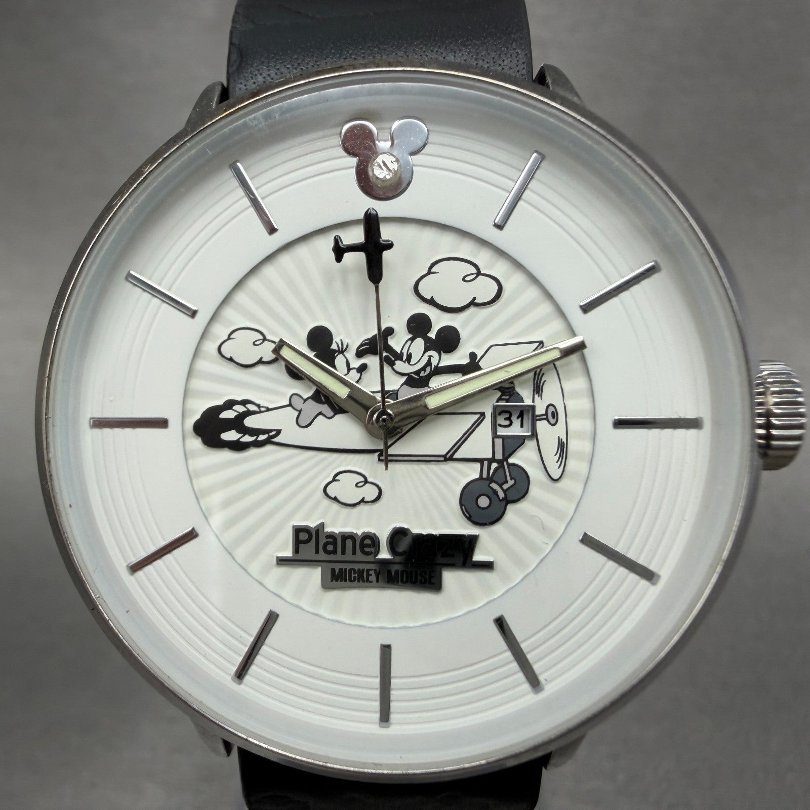 Mickey Mouse Plane Crazy Watch Unisex 38mm White Dial Silver Tone Round NewBatt1