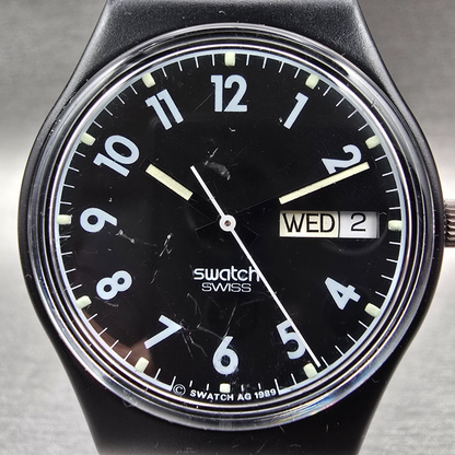 Swatch Big Seven Watch Men 34mm Black Dial Daydate GB730 Round New Battery VTG1