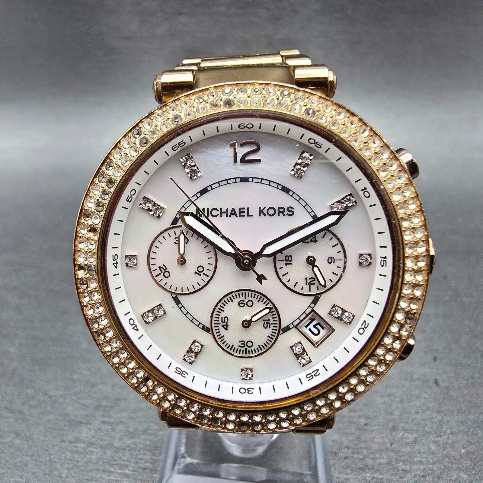 Michale Kors Parker Chrono Watch Women 39mm MOP Dial Rose Gold Tone Date New Bat0