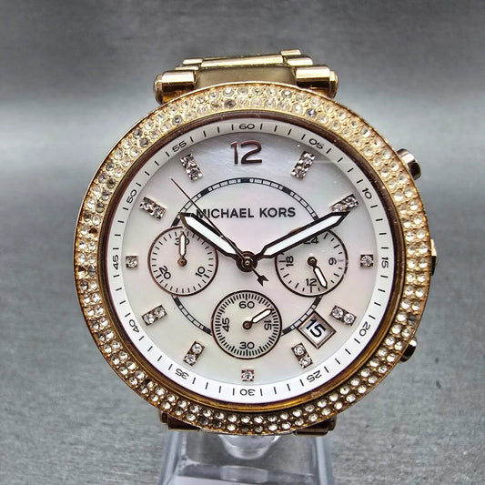 Michale Kors Parker Chrono Watch Women 39mm MOP Dial Rose Gold Tone Date New Bat0